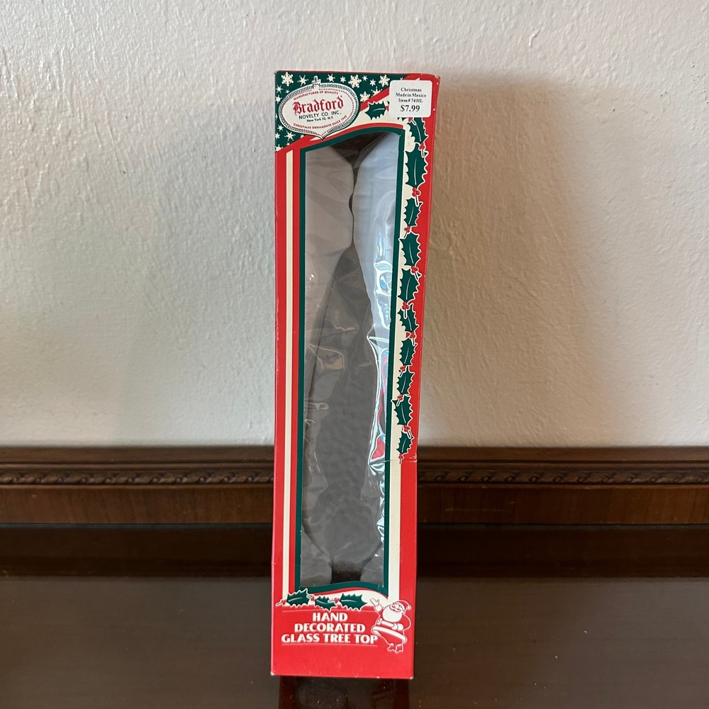Bradford Novelty Co White Hand Decorated Glass Tree Topper 2003 Item 7411L
